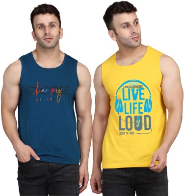 SLOWLORIS Printed Men Scoop Neck Yellow, Dark Blue T-Shirt