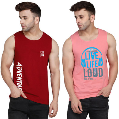 SLOWLORIS Printed Men Round Neck Pink, Maroon T-Shirt