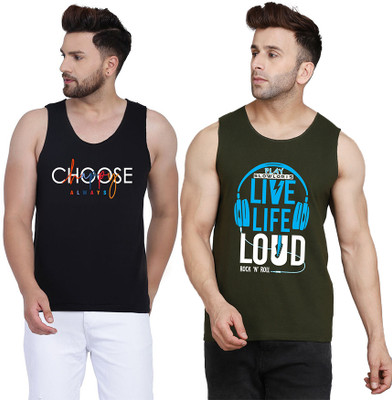 SLOWLORIS Printed Men Round Neck Dark Green, Black T-Shirt