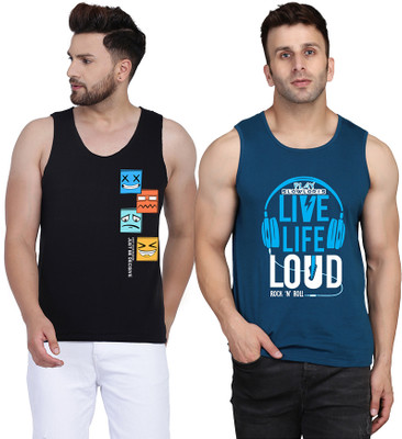 SLOWLORIS Printed Men Scoop Neck Dark Blue, Black T-Shirt