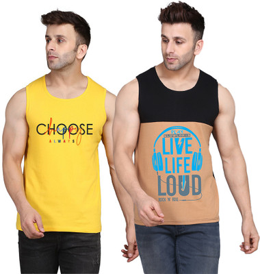 SLOWLORIS Printed Men Round Neck Black, Beige, Yellow T-Shirt