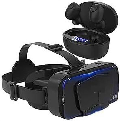 DRUMSTONE VR Headset for iPhone & Android: 3D Goggles + True Wireless Earbuds with Mic Video Glasses(Black)