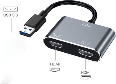 RuhZa USB to Dual HDMI Adapter, USB 3.0 to Dual HDMI Converter 2K Video Audio Multi Monitor Support Windows/Mac OS/Chrome OS,etc USB Hub(Grey)