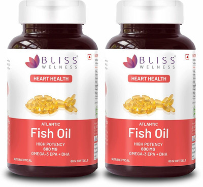 Bliss Welness Fish oil 2000 Omega 3 EPA DHA for Brain Heart Eye & Joint Health of Men & Women(2 x 60 Capsules)