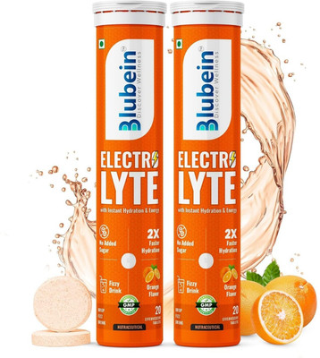 Blubein Electrolyte ++ 20 Effervescent tablets | Orange Flavour x Pack of 2(2 x 20 Tablets)