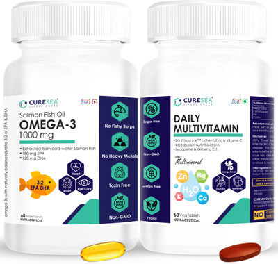 CURESEA LIFESCIENCES Omega 3 Salmon Fish Oil 1000mg (180 Softgels) + Daily Multivitamin (60 Tablets)(4 x 60 No) CURESEA LIFESCIENCES Omega 3 Salmon Fish Oil 1000mg (180 Softgels) + Daily Multivitamin (60 Tablets)(4 x 60 No)