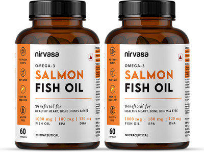 Nirvasa Omega 3 Salmon Fish Oil Capsules | For Healthy Heart & Bones(2 x 60 Capsules)