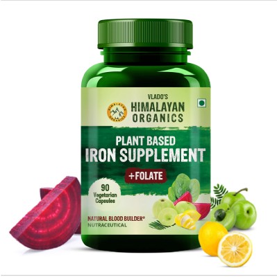 Vlado's Himalayan Organics Plant Based Iron Supplement with Folate | Blood Builder | Whole Food(90 Capsules)