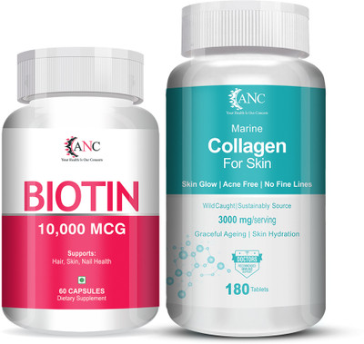 ANC Biotin 60 Capsule Hair Growth & Marine Collagen 180 Tablets Vitamin C For Skin(2 x 120 Capsules)