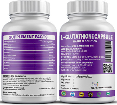 grinbizz L-Glutathione Capsules for Skin Glow & Detox(60 Capsules)
