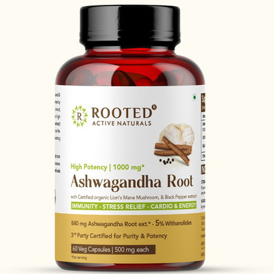 ROOTED Ashwagandha root Capsules with Lion Mane | Supports, Energy & Immunity |500 Mg(60 Capsules)
