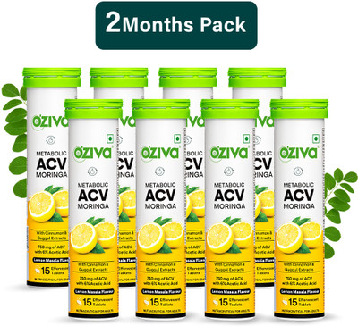 OZiva ACV Moringa (Lemon Masala)To Control Cravings,Apple Cider Vinegar,No Added Sugar(8 x 15 Tablets)