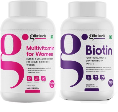 GLIMLACH Biotin 10000mcg & Multivitamin For Women With Zinc, Vitamin C, Multimineral(2 x 50 Tablets)