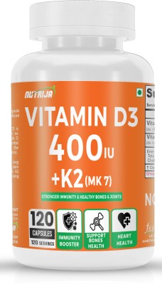 NutriJa Vitamin D3 400IU + K2 55Mcg as MK7 Supplement Sourced from Lichen(120 Capsules)