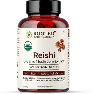 ROOTED Reishi mushroom Extract Capsules (500 mg) | Heart health, Stress Relief, Liver(90 Capsules)