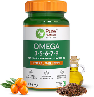 Pure Nutrition Vegan Omega 3-5-6-7-9 | Seabuckthorn & Flaxseed |for Brain, Heart & Joint Health(30 Tablets)