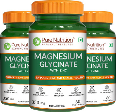 Pure Nutrition Magnesium Glycinate with Zinc for Bone, Muscle Nerve Health & Period Cramps(3 x 60 Tablets)