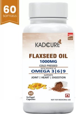 Kadcure Flaxseed Oil Cold Pressed Capsules 1250mg with Omega 3 6 9, For Heart,Skin,Brain(60 Capsules)