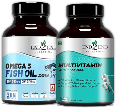 End2End Nutrition Omega 3 Fish oil capsules + Multivitamin with probiotics for men and women(2 x 30 Tablets)