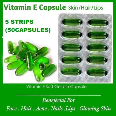 gementis PREMIUM VITAMIN E CAPSULES(5 STRIPS) FOR BEYYERMENT OF SKIN HAIRS LIPS AND NAILS(5 x 10 Capsules)