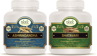biotic Ashwagandha Capsules and Shatavari Capsules Extract 500mg - 120 Capsules(2 x 60 No)