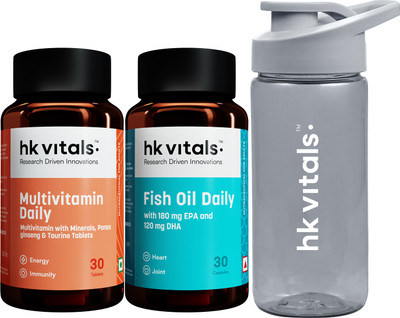HEALTHKART HK Vitals Multivitamin + Fish Oil with Pocket Sip n Go Bottle Teal(2 x 30 No)