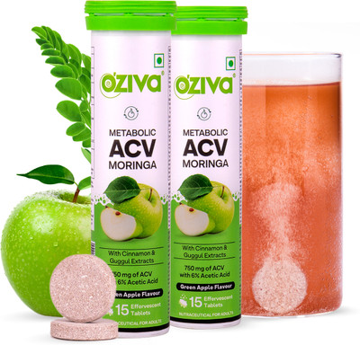 OZiva ACV Moringa (Green Apple)To Control Cravings, Apple Cider Vinegar,No Added Sugar(2 x 15 Tablets)