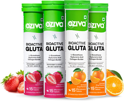 OZiva Bioactive Gluta Fizzy (Strawberry & Orange)To Reduce Pigmentation,5 Antioxidants(4 x 15 Tablets)