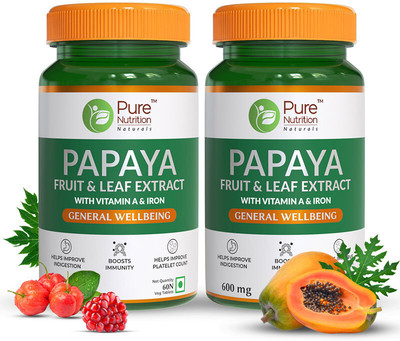 Pure Nutrition Papaya Extract with Vitamin C & Iron | Improves Platelet Count 600mg (720 IU)(2 x 60 Tablets)