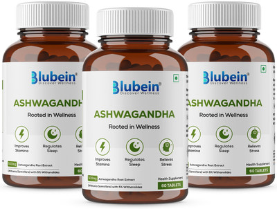 Blubein Ashwagandha | Natural stress reliever ,60 Tablets x Pack of 3(3 x 60 Tablets)
