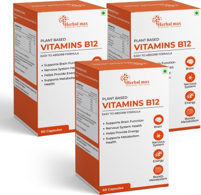 Herbal max Plant Based Vitamin B-12, 2.2mcg |Boost Energy Level, Supports Brain Function(3 x 60 Capsules)