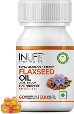 INLIFE Flaxseed Oil, 60 Vegetarian Capsules (500mg), Extra Virgin Cold Pressed Oil(60 No)