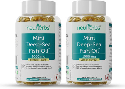 Neuherbs Mini Deep Sea Fish Oil - Omega 3 1000 mg EPA & DHA With Vitamin D3 & E(2 x 60 Capsules)