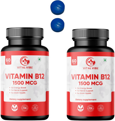 VITAL VIBE Vitamin B12 1500mcg Tablets-Methylcobalamin Energy,Nerve & Brain Health Support(2 x 60 Tablets)