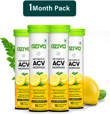 OZiva ACV Moringa (Lemon Masala)To Control Cravings,Apple Cider Vinegar,No Added Sugar(4 x 15 Tablets)