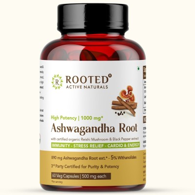 ROOTED Ashwagandha root Capsules with Reishi | Supports, Energy & Immunity | 500 Mg(60 Capsules)