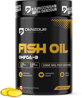 DENZOUR NUTRITION Omega-3 Fish Oil 1000mg | 180mg EPA & 120mg DHA For Muscle, eye & Joint Support(60 No)