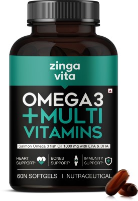 Zingavita Omega 3 Fish Oil + Multivitamin For Immunity Energy & Heart Health(60 Capsules)