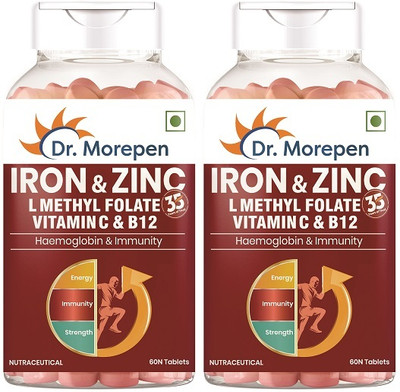 Dr. Morepen Iron & Zinc Tablets With Vitamin C & B12 | Immunity & Hemoglobin Booster(2 x 60 Tablets)