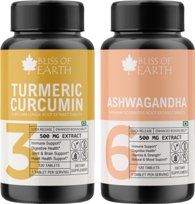 Bliss of Earth Turmeric Curcumin Tablet & Ashwagandha Tablets 500mg Great for Immunity & Health(2 x 120 Tablets)
