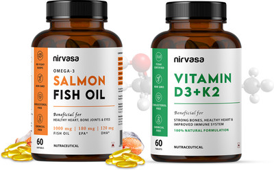 Nirvasa Omega 3 Salmon Fish Oil Capsules & Vitamin D3 + K2 Tablets(2 x 60 Capsules)
