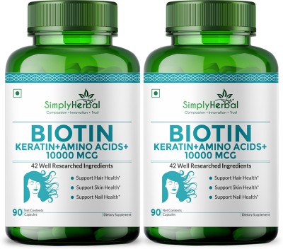 Simply Herbal Biotin 10000 mcg Supplement with Keratin for Hair Growth, Healthy Skin & Nails(2 x 90 Capsules)