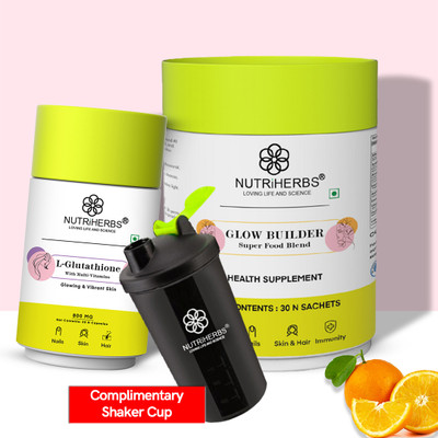 Nutriherbs L-Glutathione & Glow Builder Collagen Booster Supplement Combo with FREE Shaker(2 x 30 No)