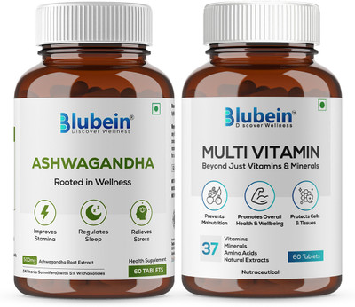 Blubein Essential Zen| Multivitamin & Ashwagandha combo | for Better Sleep & Performance(2 x 60 Tablets)