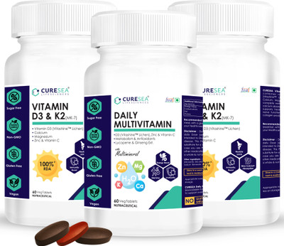 CURESEA LIFESCIENCES Vegan Vitamin D3 + K2 (MK-7) and Daily Multivitamin with Ginseng Combo Pack(3 x 60 No)