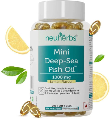 Neuherbs Mini Deep Sea Fish Oil Omega 3 1000mg With Vitamin D3 & E , Support Heart & Bone(200 No)