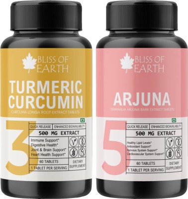 Bliss of Earth Turmeric Curcumin Tablet & Terminalia Arjuna Bark Tablets 500mg good for Health(2 x 60 Tablets)