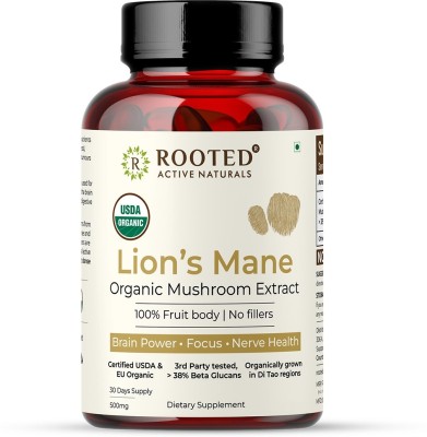 ROOTED Lions Mane mushroom Extract Capsules (500 mg) | Memory, Brain & Nerve Health(90 Capsules)