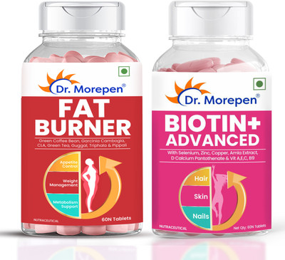 Dr. Morepen Biotin+ for Hair Growth & Fat Burner Tablets with Green Coffee- 60 Tablets Each(2 x 60 Tablets)