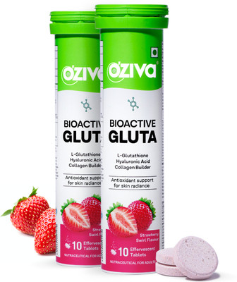 OZiva Bioactive Gluta Fizzy (Strawberry Swirl) To Reduce Pigmentation, 5 Antioxidants(2 x 10 Tablets)
